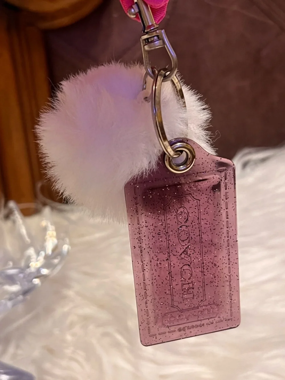 Coach Pink Glitter Acrylic hand tag with unbranded white Poom  poom